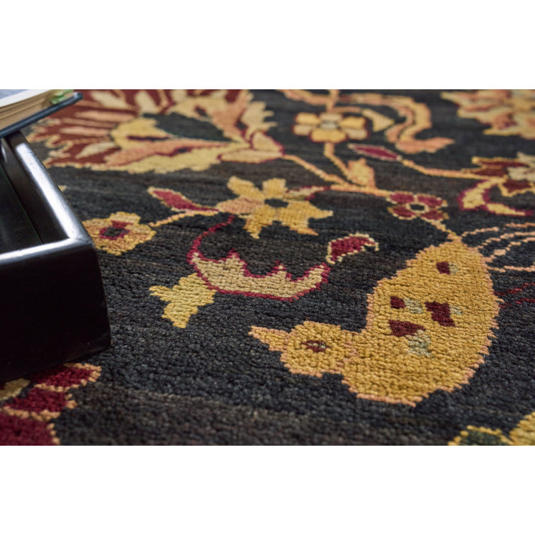 Handmade Black Floral Wool 10' x 14' Area Rug