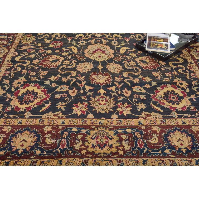 Handmade Black Floral Wool 10' x 14' Area Rug