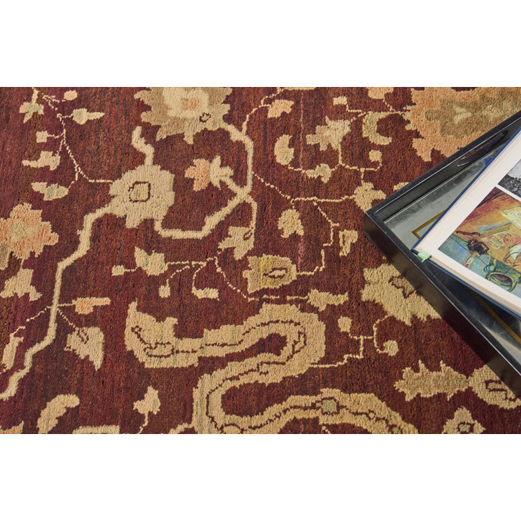 Hand-Knotted Red Floral Wool 10'6" x 14'6" Area Rug