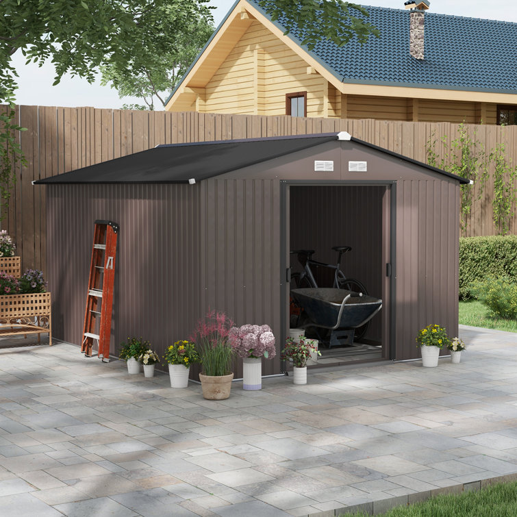 Outsunny 11' x 9' Brown Metal Storage Shed Kit with Windows