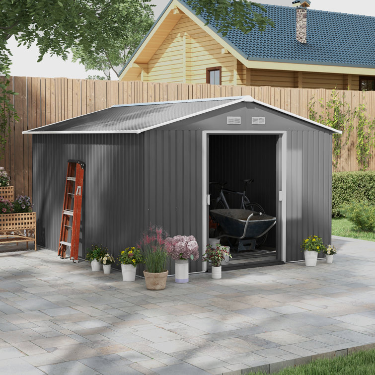 Outsunny 11' x 9' Gray Metal Storage Shed Kit with Windows