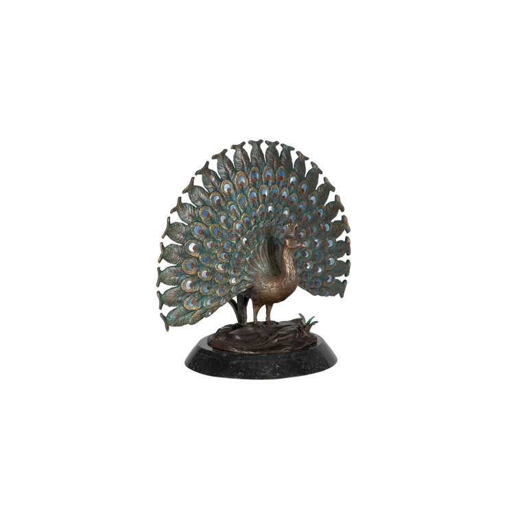 Elegant Blue and Red Peacock Sculpture with Marble Base