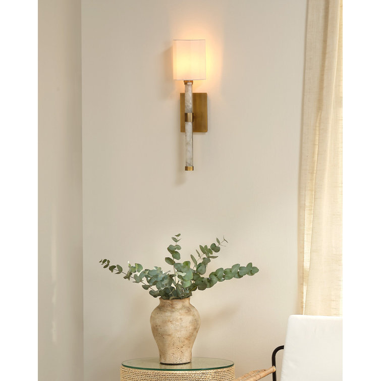 Antique Brass and White Quartz Dimmable Wall Sconce with Linen Shade
