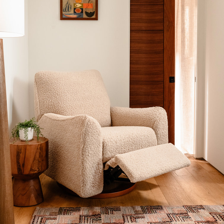 Beige Shearling Swivel Recliner with Dark Wood Base