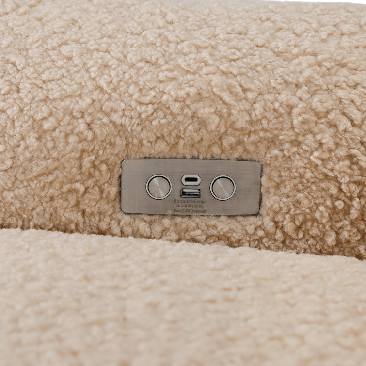 Beige Shearling Swivel Recliner with Dark Wood Base