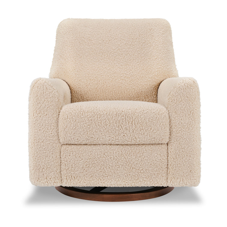 Beige Shearling Swivel Recliner with Dark Wood Base
