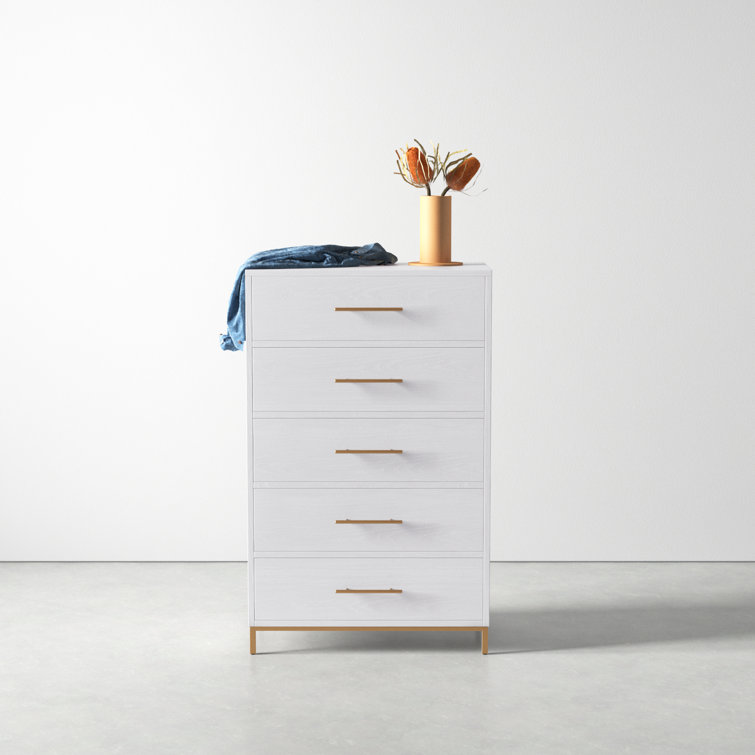 White Vertical 5-Drawer Dresser with Gold Accents