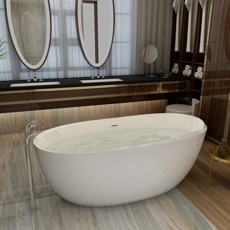 Glossy White 59" Acrylic Freestanding Soaking Tub with Brass Finish
