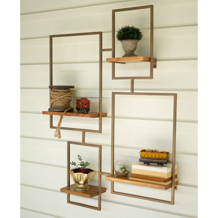 Gold and Brown Geometric Wood Wall Shelf with 4 Tiers