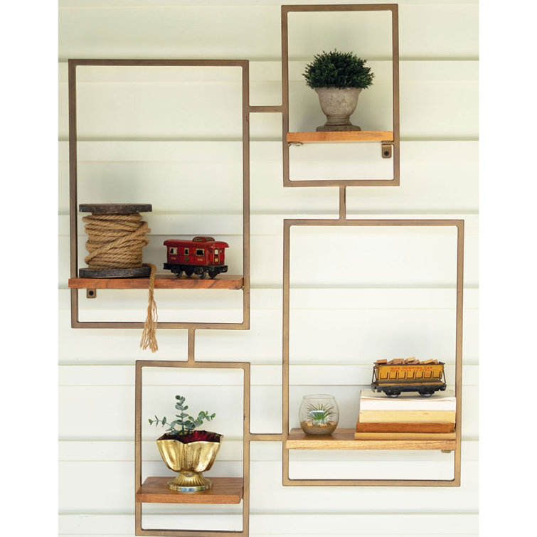 Gold and Brown Geometric Wood Wall Shelf with 4 Tiers