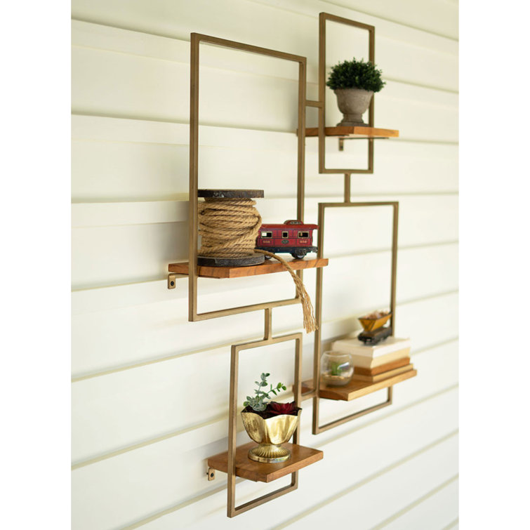 Gold and Brown Geometric Wood Wall Shelf with 4 Tiers