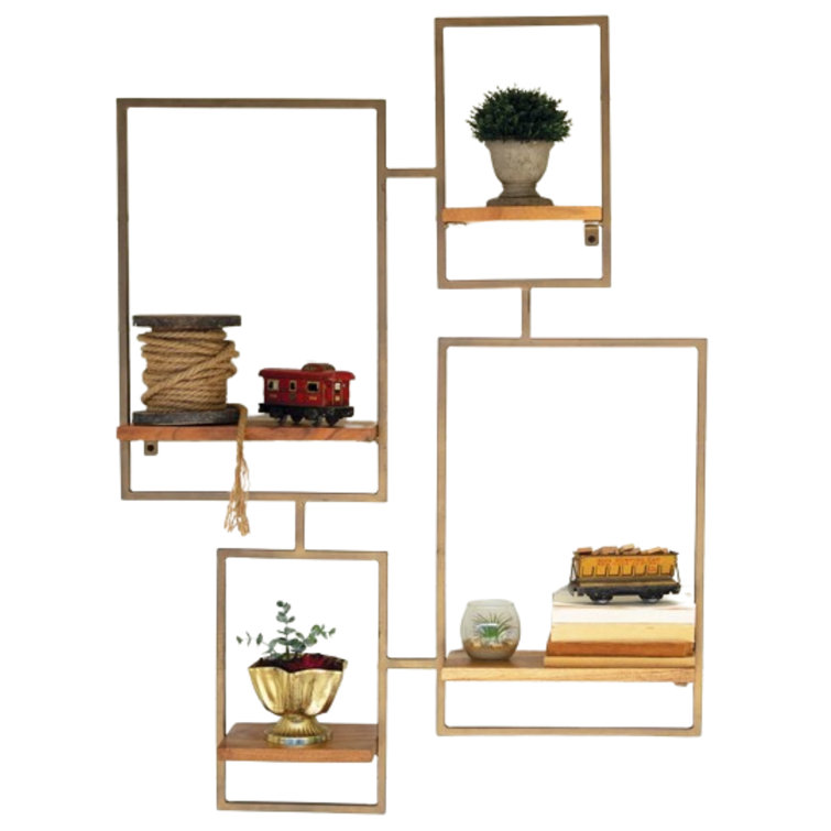 Gold and Brown Geometric Wood Wall Shelf with 4 Tiers