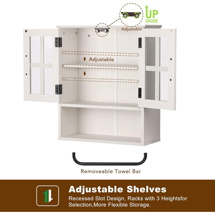 Vintage White Wood Wall Storage Cabinet with Cross Glass Doors
