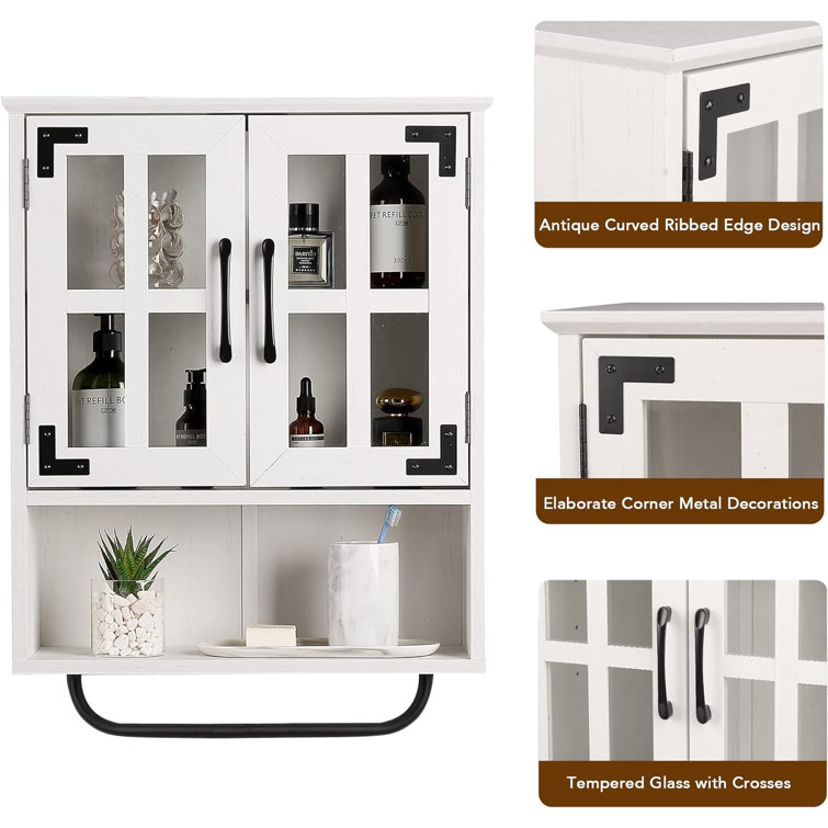 Vintage White Wood Wall Storage Cabinet with Cross Glass Doors