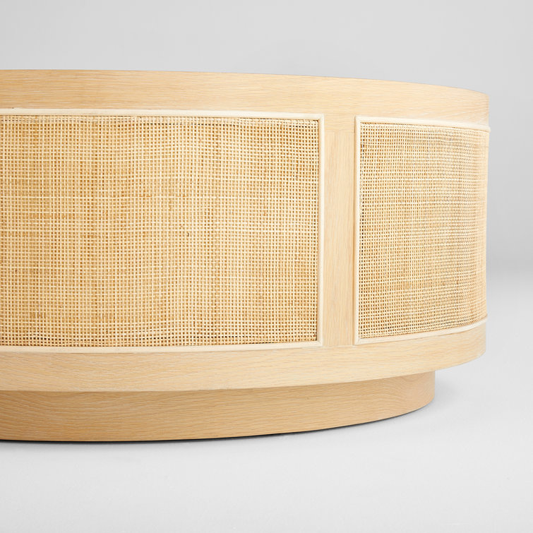 Round Oak and Rattan Outdoor Coffee Table