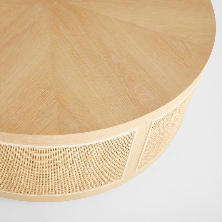 Round Oak and Rattan Outdoor Coffee Table