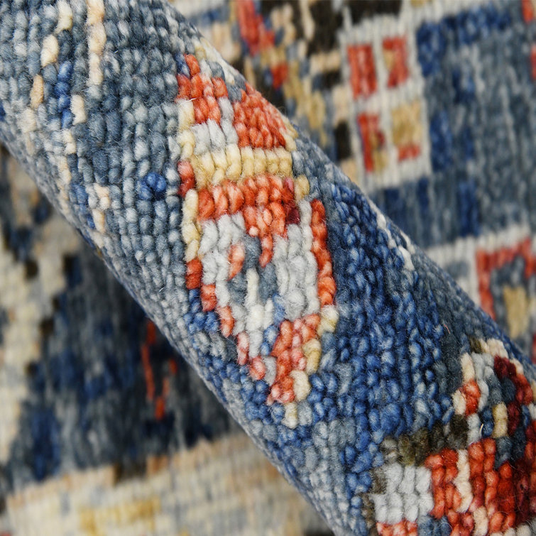 Blue Geometric Hand-Knotted Wool Area Rug 10' x 14'