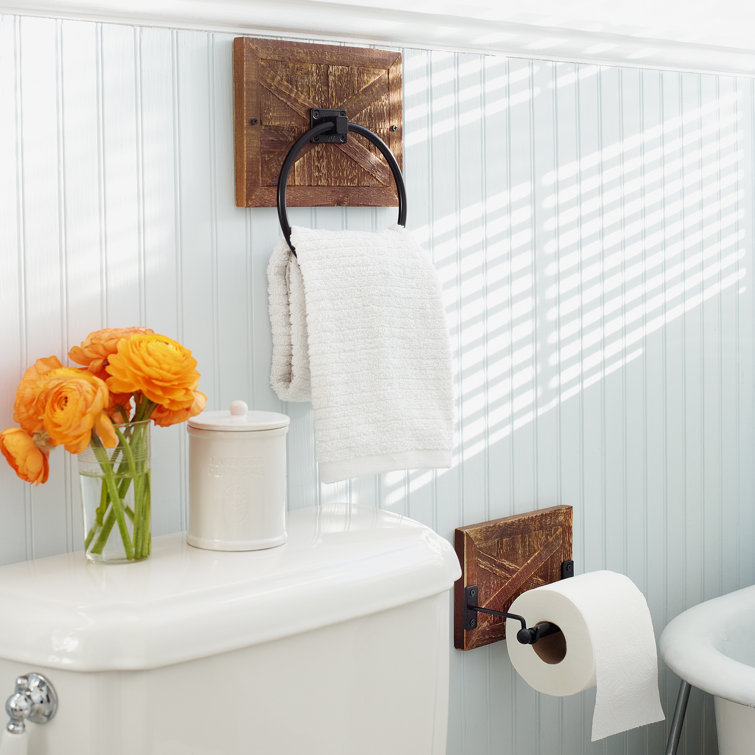 Rustic Brown Wood and Metal Wall-Mounted Toilet Paper Holder