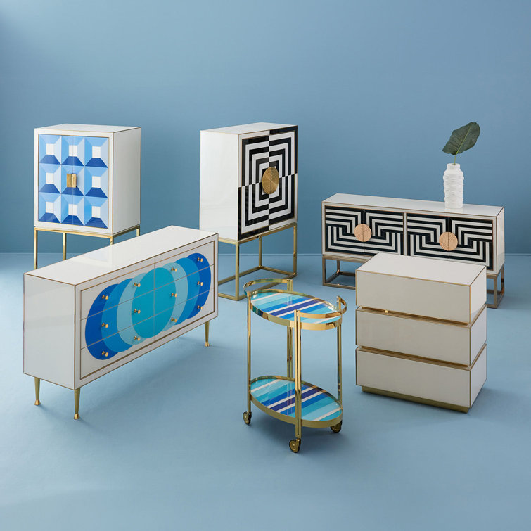 Charcoal and Ivory Glass Paneled Bar Cabinet with Brass Details