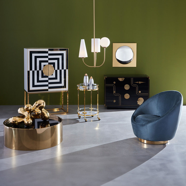 Charcoal and Ivory Glass Paneled Bar Cabinet with Brass Details