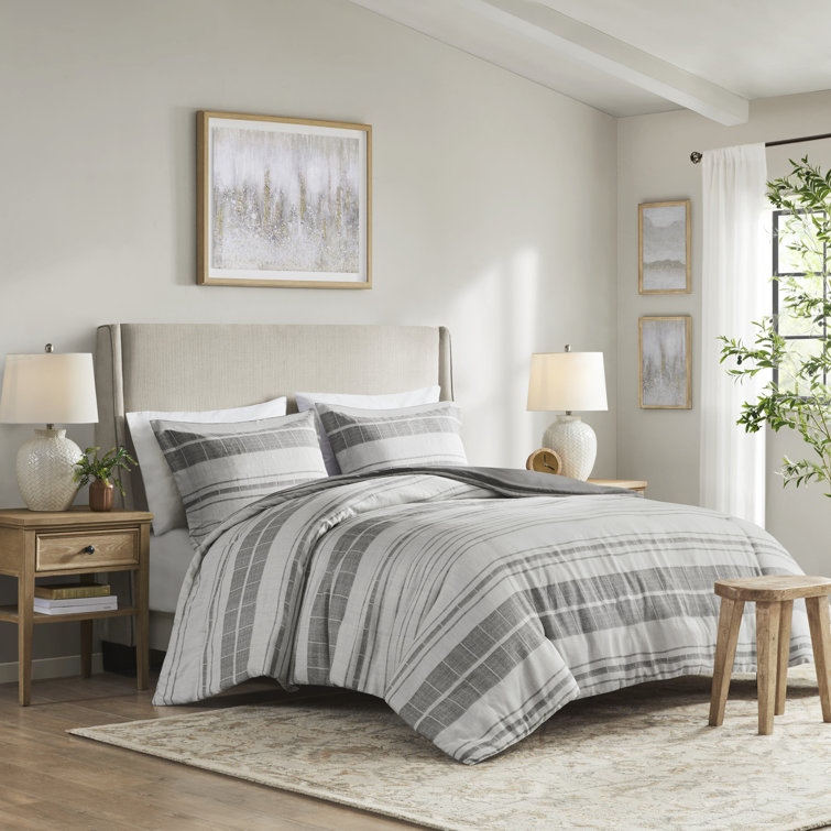Gray and White Striped Cotton Blend King Bedspread Set