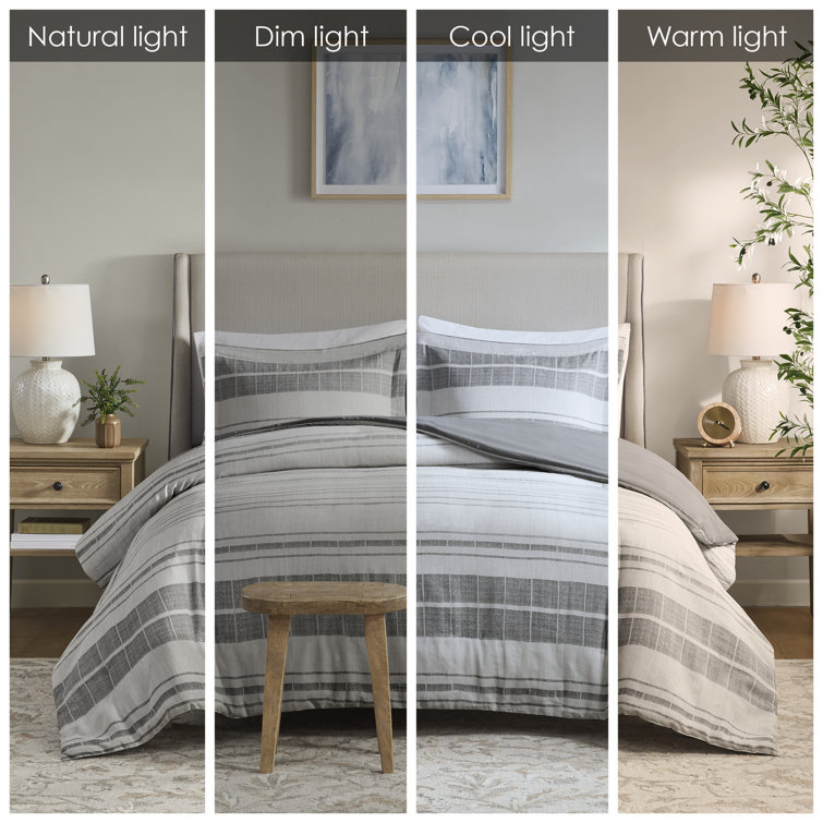 Gray and White Striped Cotton Blend King Bedspread Set