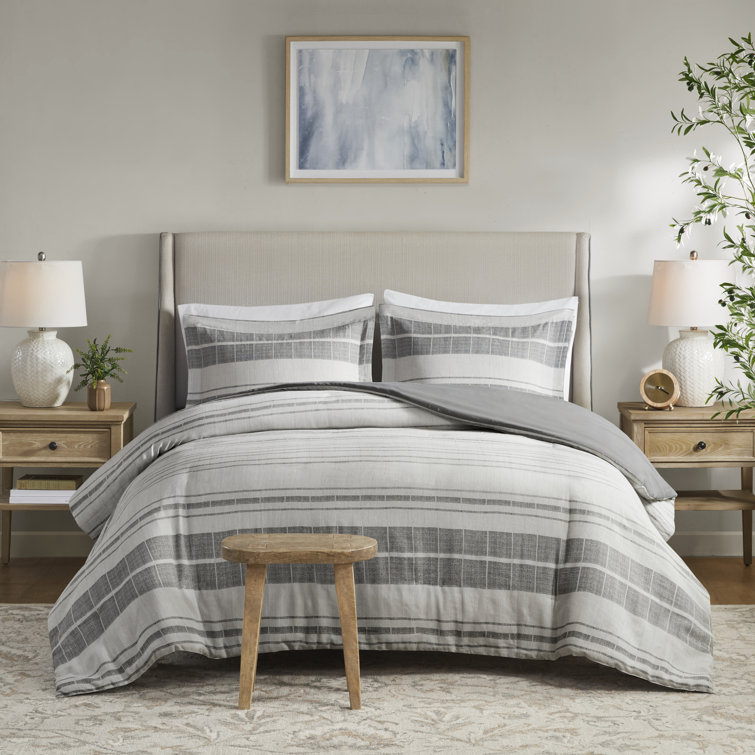Gray and White Striped Cotton Blend King Bedspread Set