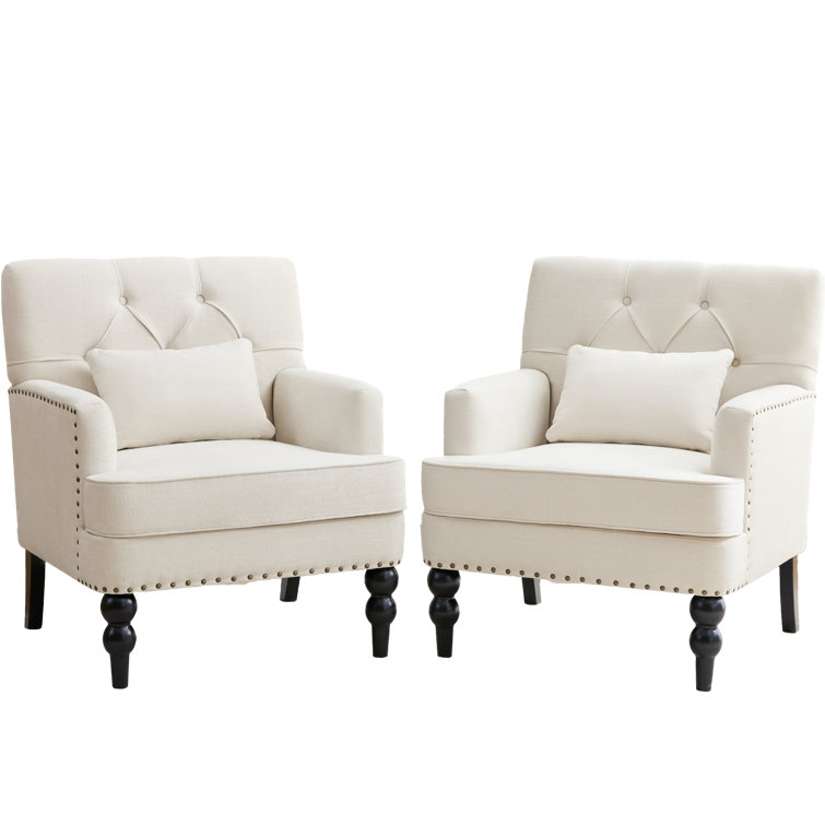Beige Tufted Armchair Set with Dark Wood Legs