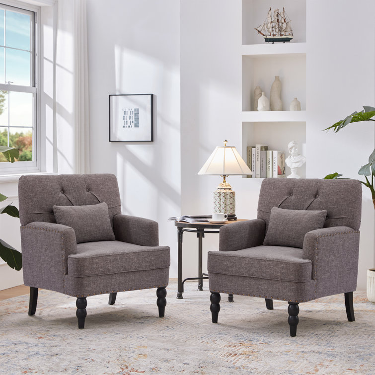 Gray Polyester Blend Tufted Armchair Set with Dark Wood Legs