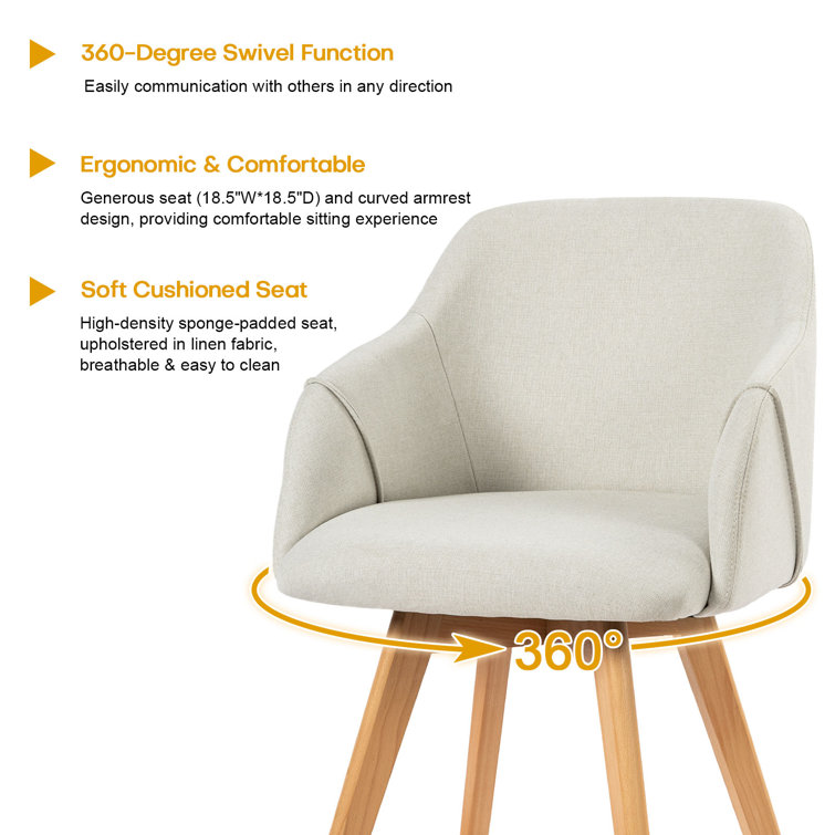 Beige Linen Upholstered Swivel Side Chair with Beech Wood Legs, Set of 2