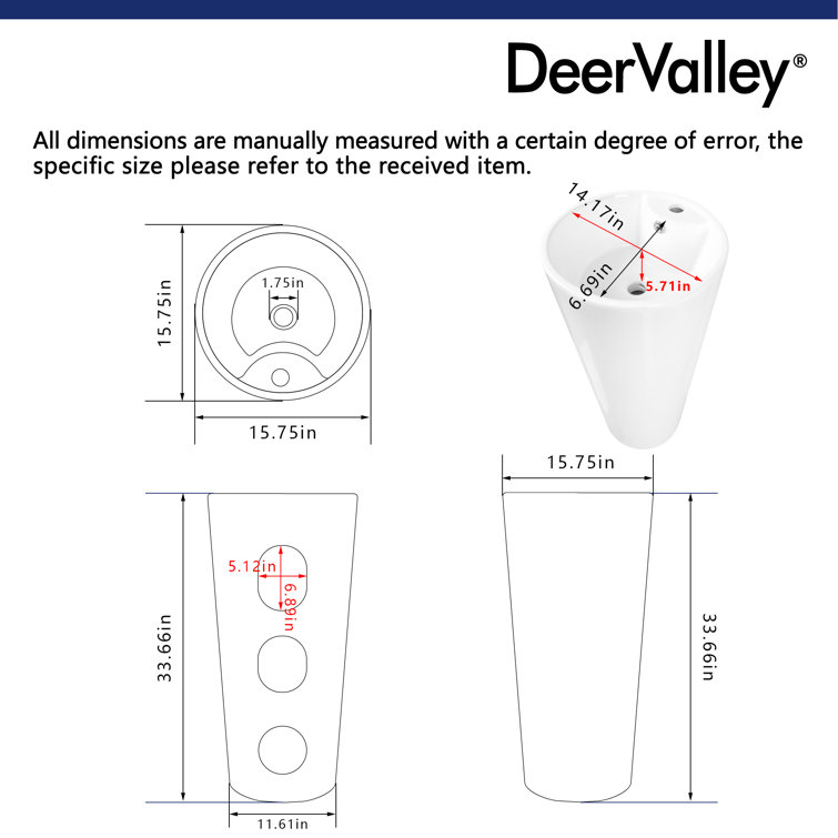 33.66" Tall White Ceramic Pedestal Bathroom Sink