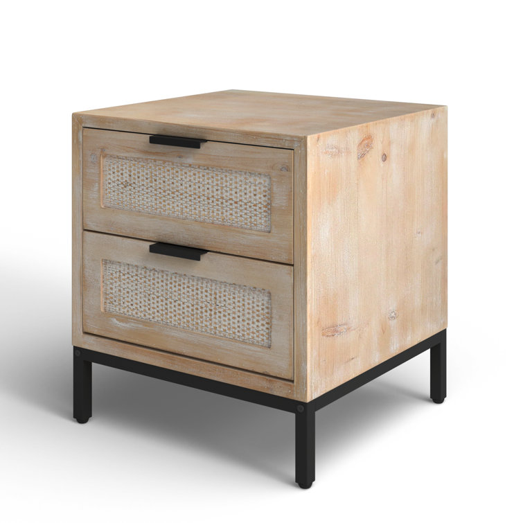 Modern Wood and Iron Side Table with Rattan Drawer Fronts
