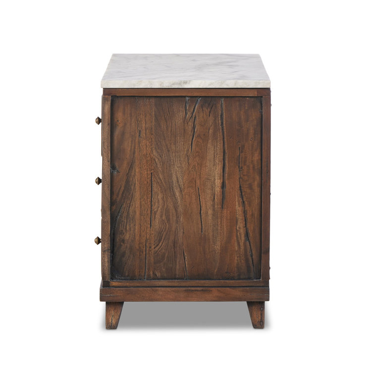Elson Dark Brown Mango Wood 3 Drawer Nightstand with Marble Top