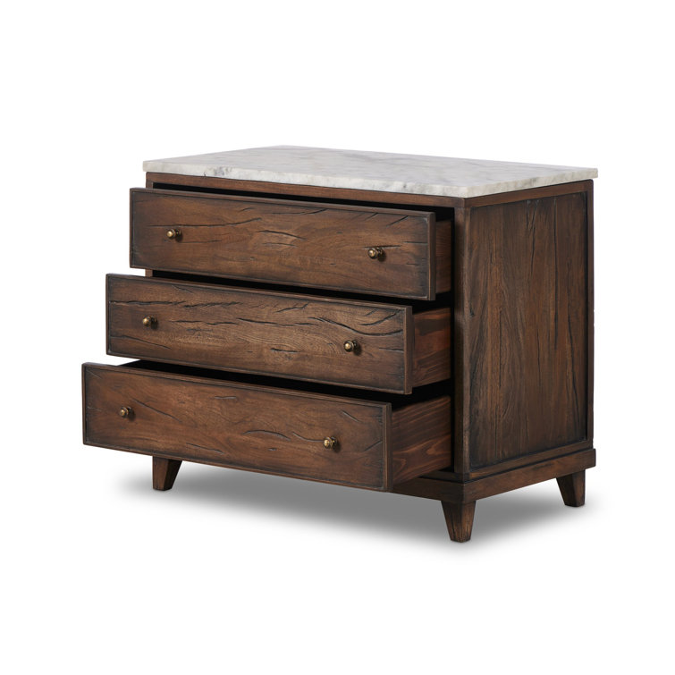 Elson Dark Brown Mango Wood 3 Drawer Nightstand with Marble Top