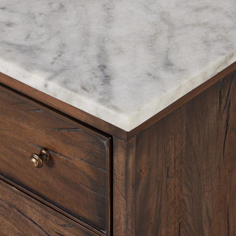 Elson Dark Brown Mango Wood 3 Drawer Nightstand with Marble Top