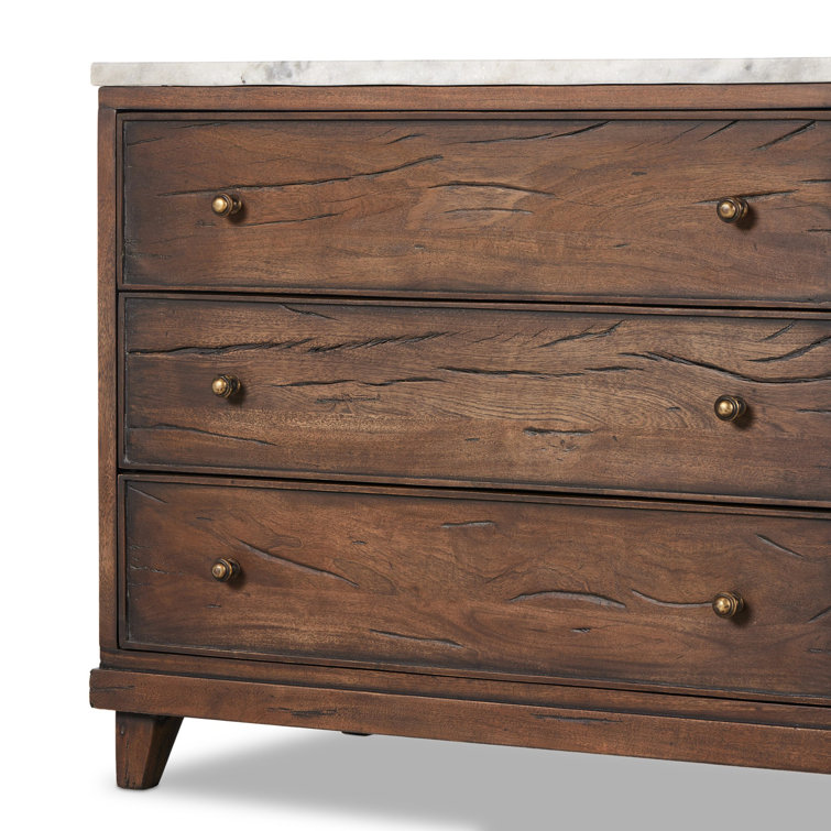 Elson Dark Brown Mango Wood 3 Drawer Nightstand with Marble Top