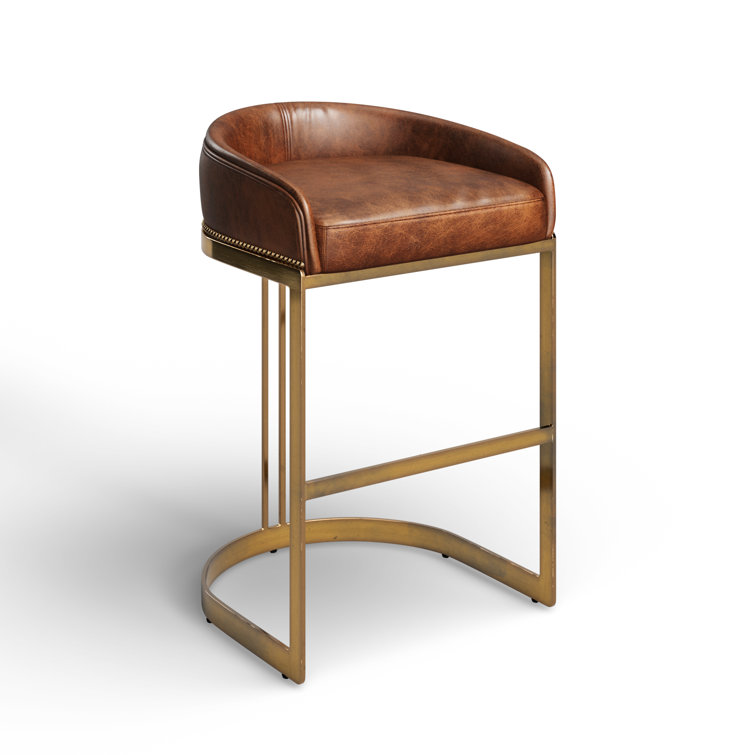 Brown Leather and Gold Metal Saddle Bar Stool