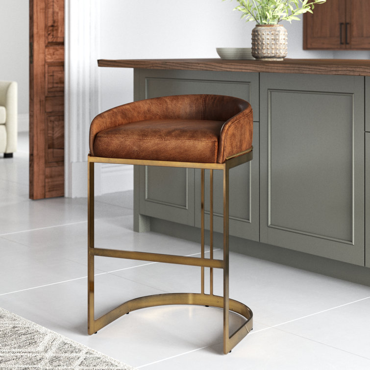 Brown Leather and Gold Metal Saddle Bar Stool