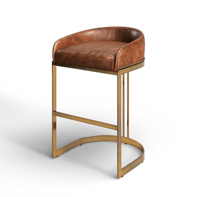Brown Leather and Gold Metal Saddle Bar Stool