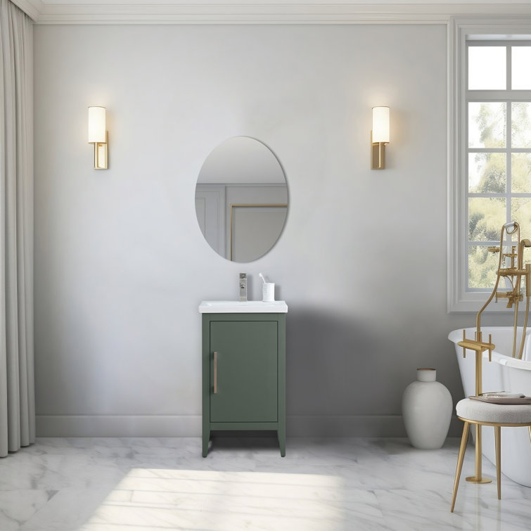 Vintage Green Poplar Wood Single Bathroom Vanity with Ceramic Top