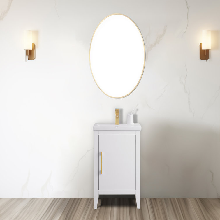 White and Golden Brushed Single Bathroom Vanity with Ceramic Top