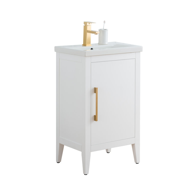 White and Golden Brushed Single Bathroom Vanity with Ceramic Top