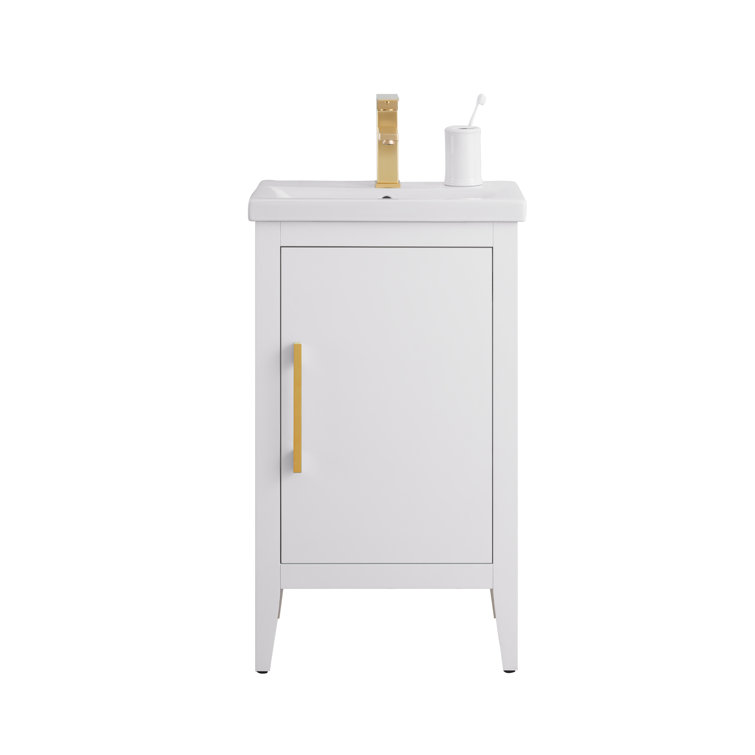 White and Golden Brushed Single Bathroom Vanity with Ceramic Top