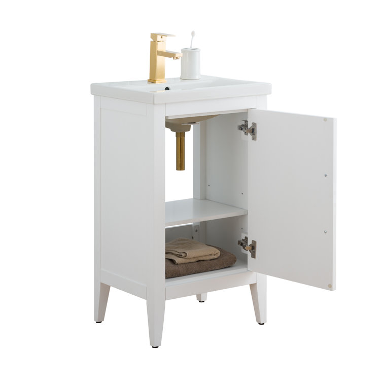 White and Golden Brushed Single Bathroom Vanity with Ceramic Top