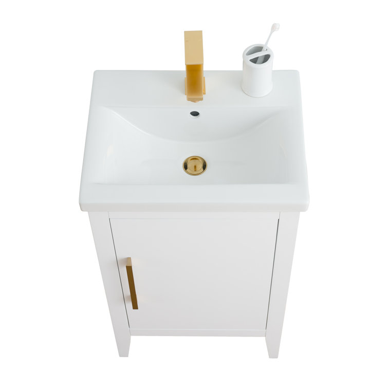 White and Golden Brushed Single Bathroom Vanity with Ceramic Top
