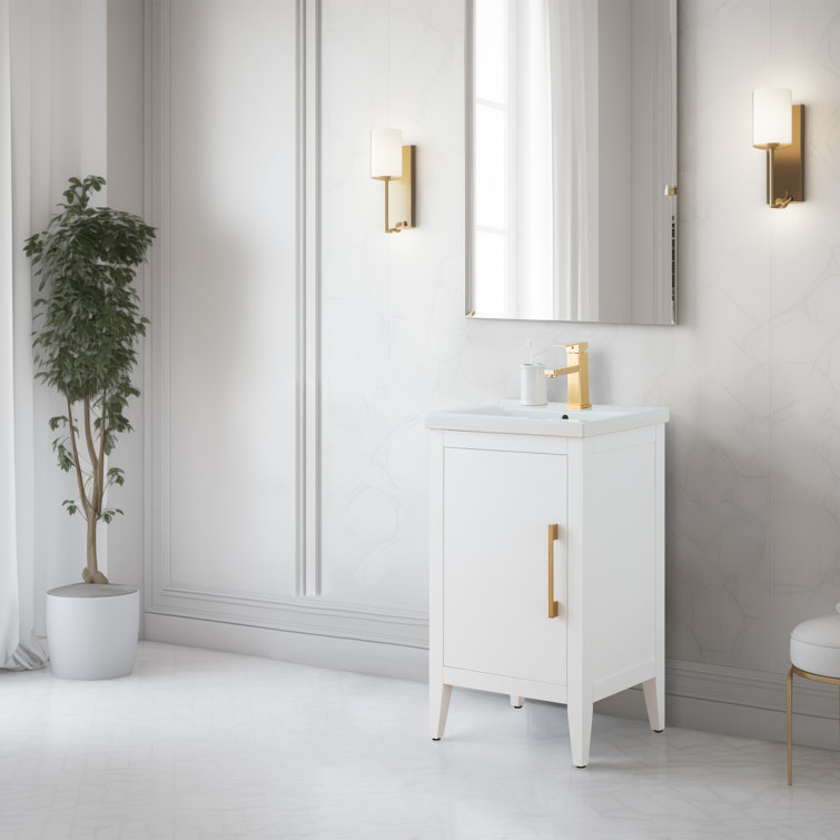 White and Golden Brushed Single Bathroom Vanity with Ceramic Top