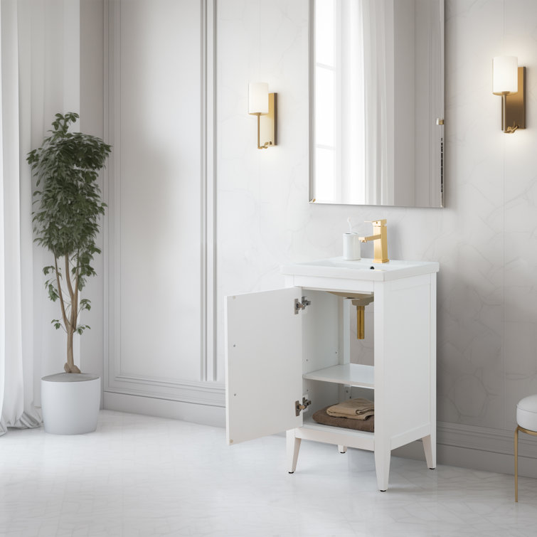 White and Golden Brushed Single Bathroom Vanity with Ceramic Top