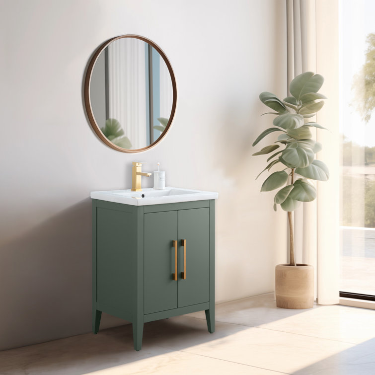 24" Vintage Green Single Sink Bathroom Vanity with Ceramic Top