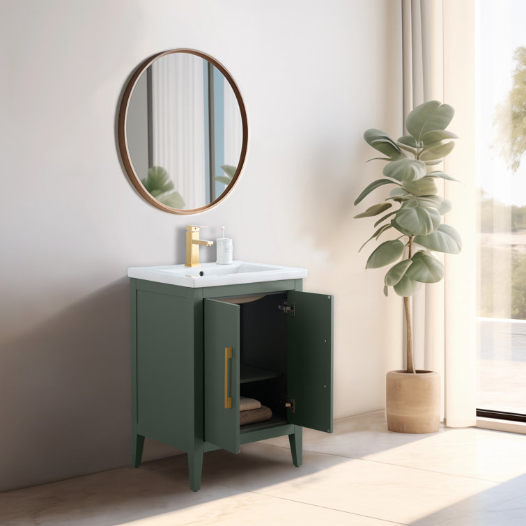 24" Vintage Green Single Sink Bathroom Vanity with Ceramic Top