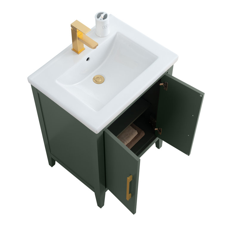 24" Vintage Green Single Sink Bathroom Vanity with Ceramic Top